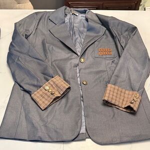 Miu Miu Blue Blazer with Tan Plaid Cuffs